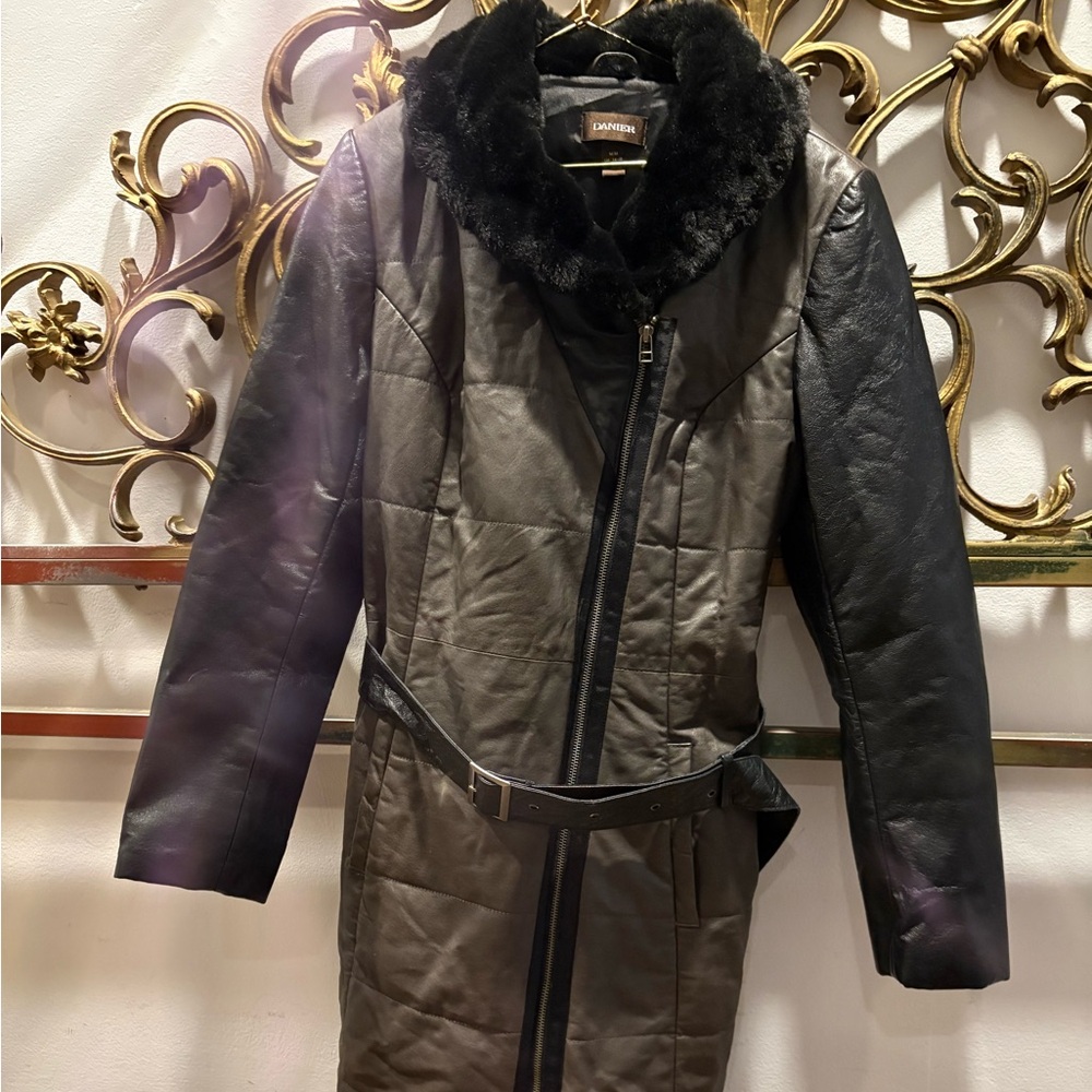 Danier Black Leather Jacket with Fur Collar